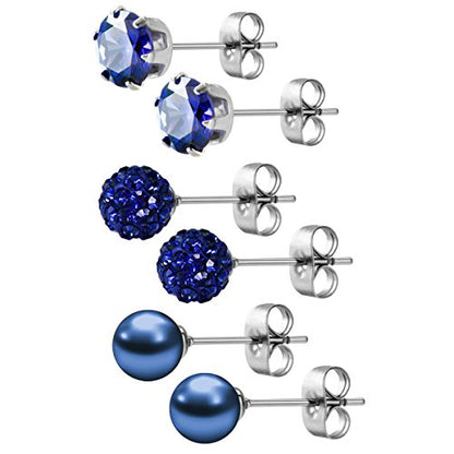 JewelrieShop Birthstone Studs Earring Set Cubic Zirconia Rhinestones Crystal Ball Faux Pearl Stainless Steel Stud Earrings for Women Jewelry Gift (6mm Round,3 Pairs) - color: 9) Sept. - Deep Blue