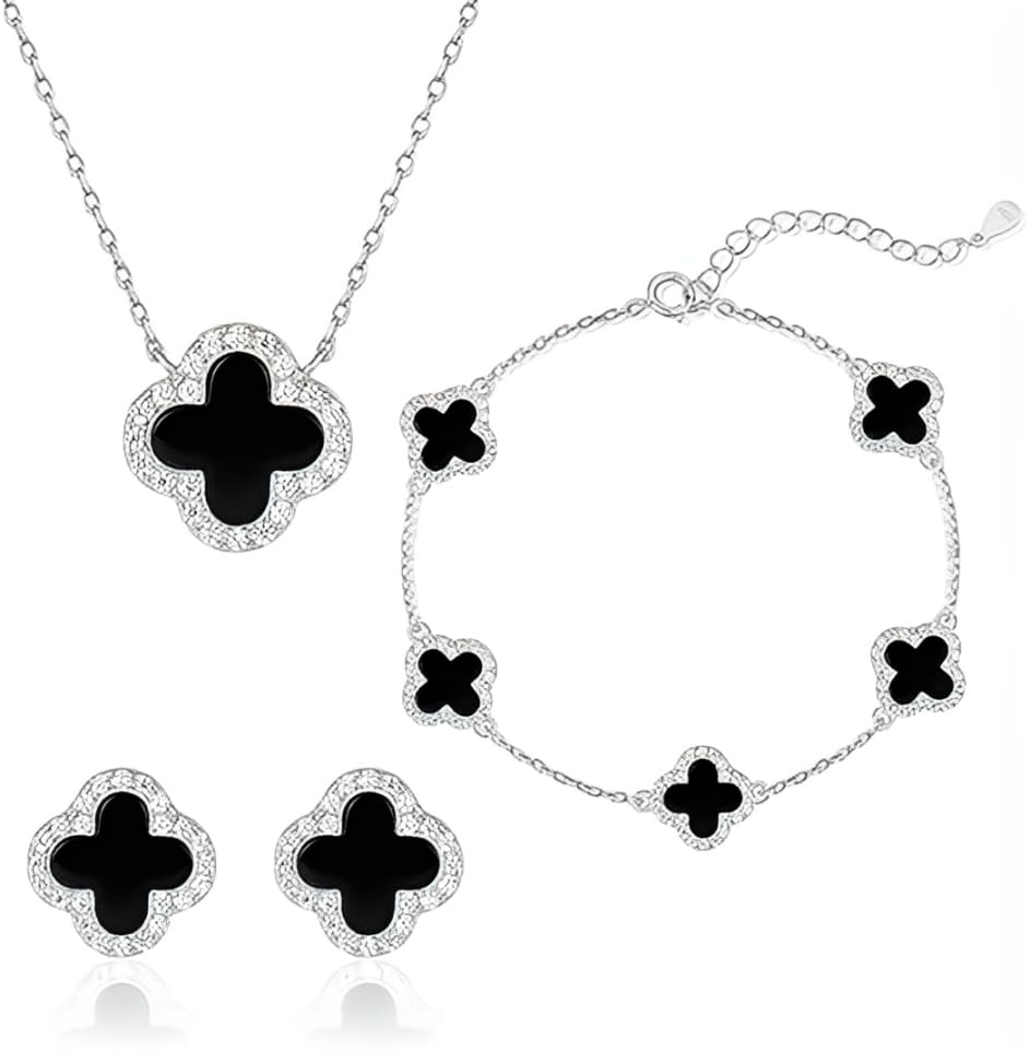 925 Sterling Silver Four Leaf Clover Bracelet – Real Silver Lucky Clover Jewelry for Women, Dainty Good Luck Gift for Her - color: Rhodium Plated – Black Onyx Set