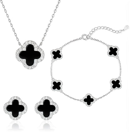 925 Sterling Silver Four Leaf Clover Bracelet – Real Silver Lucky Clover Jewelry for Women, Dainty Good Luck Gift for Her - color: Rhodium Plated – Black Onyx Set
