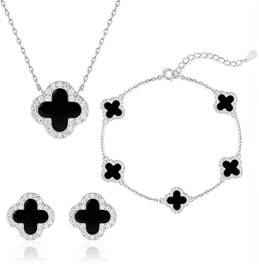 925 Sterling Silver Four Leaf Clover Bracelet – Real Silver Lucky Clover Jewelry for Women, Dainty Good Luck Gift for Her - color: Rhodium Plated – Black Onyx Set
