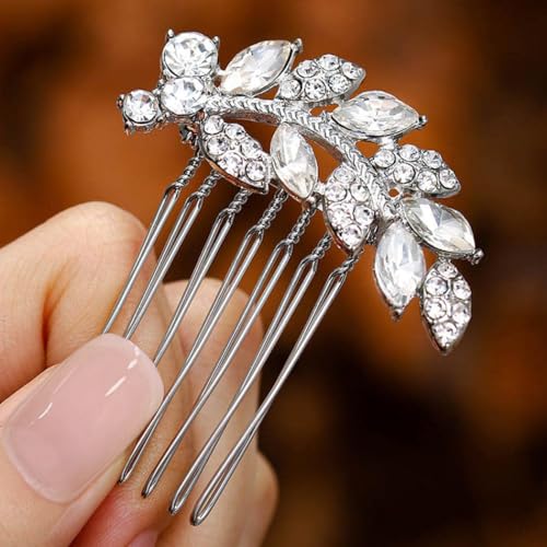 Foyte Crystal Bride Wedding Hair Comb Leaf Bridal Headpieces Rhinestone Hair Pieces Bridesmaid Side Combs Hair Accessories for Women (silver leaf) - color: silver leaf
