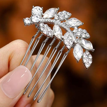 Foyte Crystal Bride Wedding Hair Comb Leaf Bridal Headpieces Rhinestone Hair Pieces Bridesmaid Side Combs Hair Accessories for Women (silver leaf) - color: silver leaf