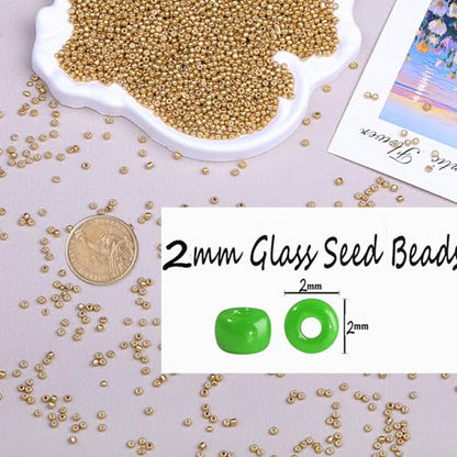 2mm Glass Seed Beads Bulk, Gold 12/0 Tiny Round Seed Bead, Small Mini Pony Craft Beads for Bracelet Necklace Wrist Jewelry Making Beading Weaving DIY Crafts Supplies - color: Gold