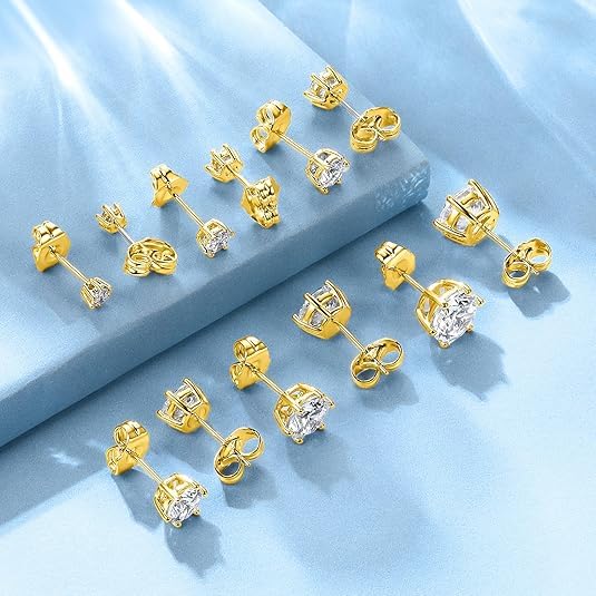 18K Gold Plated Round Princess Cut Clear Cubic Zirconia Stud Earring of 6 Pairs - color: C-gold