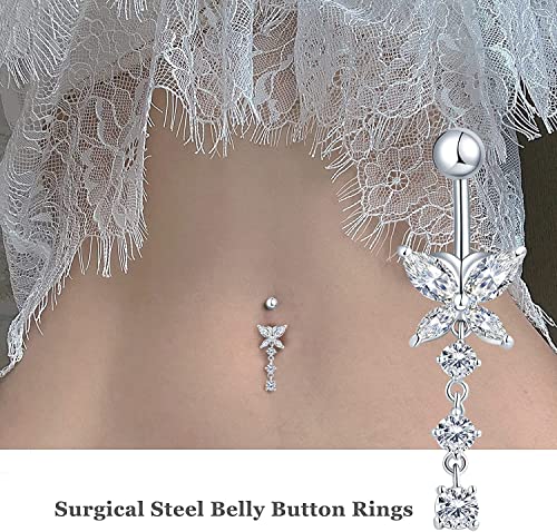Incaton 14G Belly Button Rings, Stainless Steel Diamond Belly Rings For Women, Dangle Belly Button Rings With Butterfly, 6mm Short & 10mm Bar Navel Piercings - color: Silver 6mm