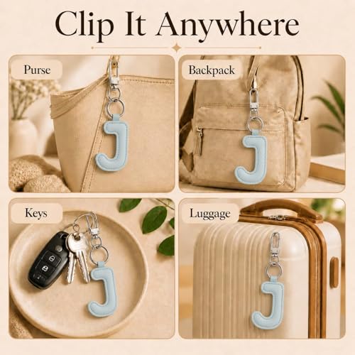 Initial Letter Keychain,Stainless Steel,Colorful Faux Leather Keyring for Backpack,Purse,Car Keys,Gift for Men Women - color: J