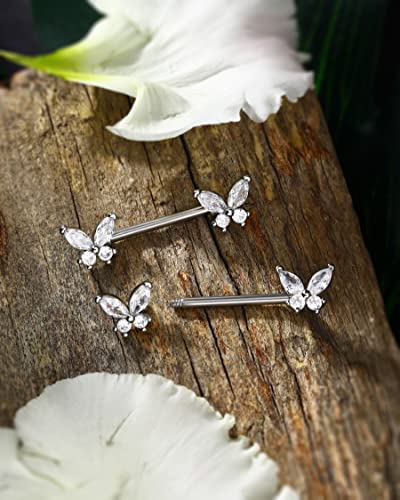 Butterfly Nipple Rings for Women 14G Nipple Piercing Jewelry Gold Nipple Ring Surgical Steel Nipple Shield CZ Nipple Barbell Body Piercing Jewelry for Women - color: Silver