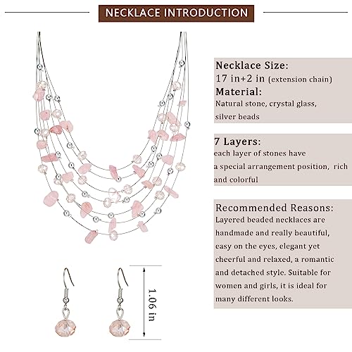 Multi-Layer Boho Shell Beaded Necklace for Women Colorful Crystal Strand with Silver Beads Statement Collars Necklace and Earrings Costumes Jewelry Sets for Women - color: 48-Pink