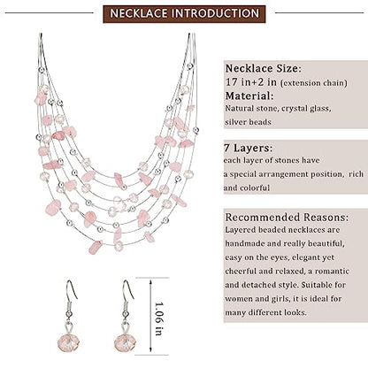 Multi-Layer Boho Shell Beaded Necklace for Women Colorful Crystal Strand with Silver Beads Statement Collars Necklace and Earrings Costumes Jewelry Sets for Women - color: 48-Pink