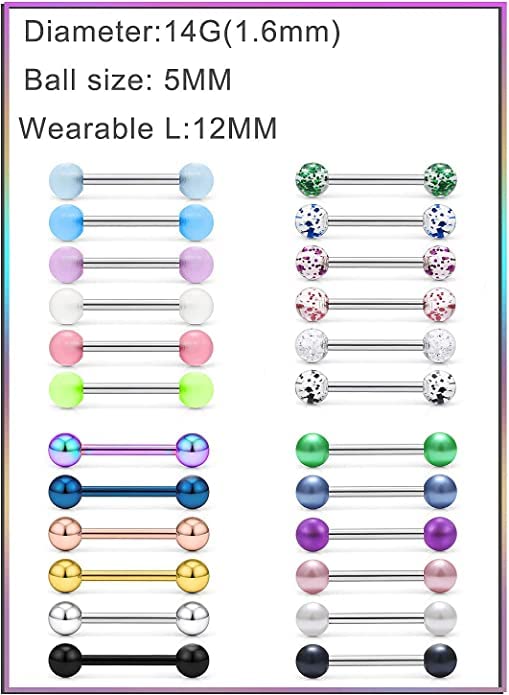 VCMART Nipple Rings Tongue Rings Stainless Steel 14G Straight Barbells Piercing Jewelry 12mm,14mm,16mm,18mm - color: 9 -12mm