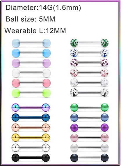 VCMART Nipple Rings Tongue Rings Stainless Steel 14G Straight Barbells Piercing Jewelry 12mm,14mm,16mm,18mm - color: 9 -12mm