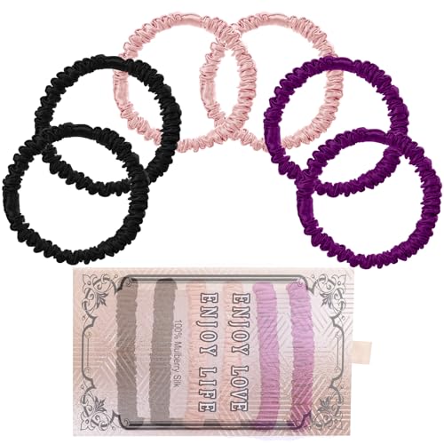 6PCS Silk Hair Ties & Scrunchies: Versatile for Curly, Thick or Thin Hair - Women's Black, Cute Satin Sleepy Scrunchies in Bulk - color: Small Silk Hair ties Style 3