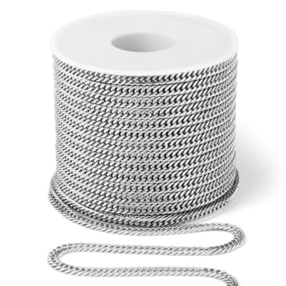 33FT Stainless Steel Cuban Chain 2.8mm Double Link Chain for Jewelry Making | Diamond-Cut Silver Curb Chain Roll Bulk for Necklace Bracelet Crafts - color: 2.88mm curb chain
