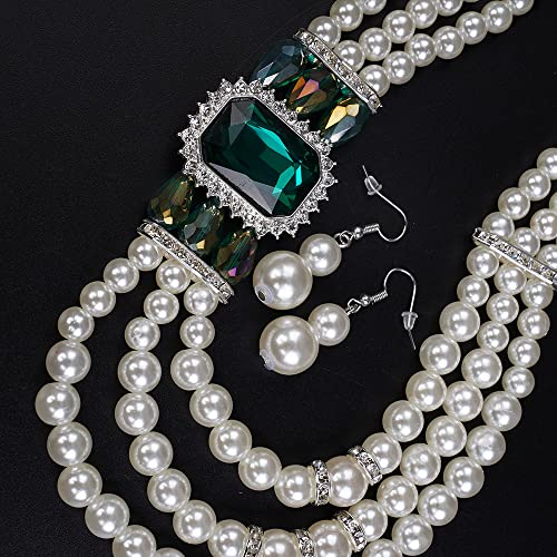 Aimimier 1920s 3-layered White Faux Pearl Necklace and Earrings Set with Crystal and Rhinestone Bridal Long Pearl Necklace Statement Women Jewelry - color: Emerald