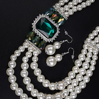 Aimimier 1920s 3-layered White Faux Pearl Necklace and Earrings Set with Crystal and Rhinestone Bridal Long Pearl Necklace Statement Women Jewelry - color: Emerald