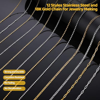 Zefy 18K Gold Silver Chain for Jewelry Making Kit with 380 Pcs Charms | 39.6ft 12 Rolls Stainless Steel Chains Bulk , Jump Rings Lobster Clasps Set for DIY Bracelet Necklace Crafts - size: Large