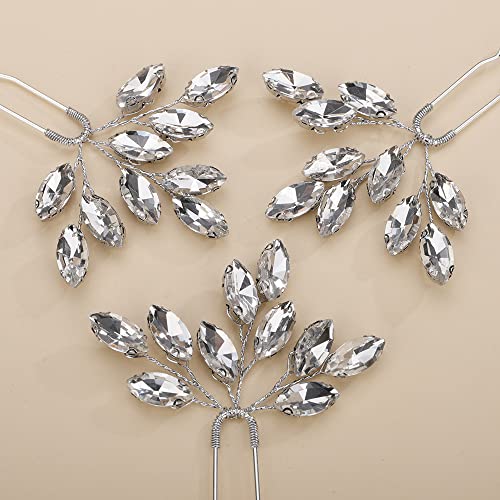 Teyglen 3pcs Bridal Crystal Hair Pins Rhinestones Hair Pieces Simple Crystal Wedding Hair Accessories Handmade Hair Pins for Women Bride Girls (Silver) - color: Silver