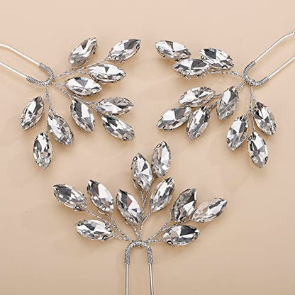 Teyglen 3pcs Bridal Crystal Hair Pins Rhinestones Hair Pieces Simple Crystal Wedding Hair Accessories Handmade Hair Pins for Women Bride Girls (Silver) - color: Silver