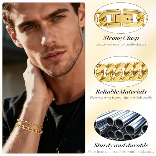 3PCS Stainless Steel Chain Bracelets for Men Women Gold Cuban Figaro Link Chain Bracelet Men's Curb Chain Bracelets Twisted Wrist Bracelets 7/7.5/8.3/9 Inches - color: Gold