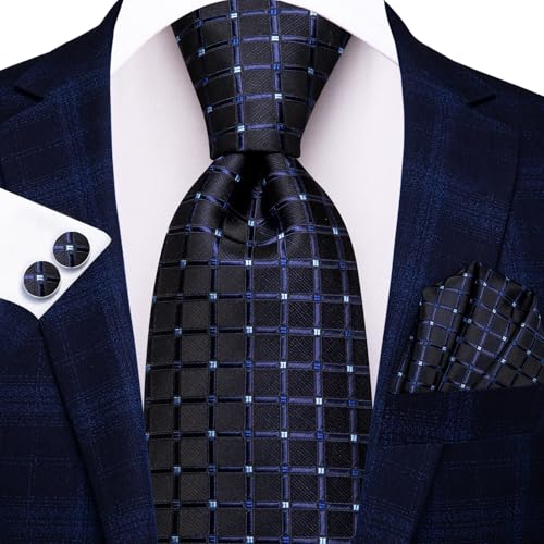 Dubulle Mens Paisley Striped Tie Woven Necktie for Men and Handkerchief Cufflinks Set Wedding Formal Business - color: Black Blue
