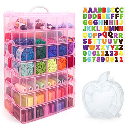 Inscraft 7 Tier Craft Storage Boxes with Compartments, 70 Adjustable Plastic Organiser Storage Boxes for Crafts, Beads, Screw, Washi Tap, Stackable Storage Sorting Box for Toys, Crafts, Art Supplies - color: PINK