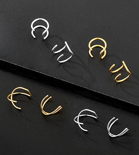 4-10 Pairs Stainless Steel Ear Cuff Helix Cartilage Clip On Wrap Earrings Fake Nose Ring Non-Piercing Adjustable - color: B2:4 Pairs, Silver&Gold Tone