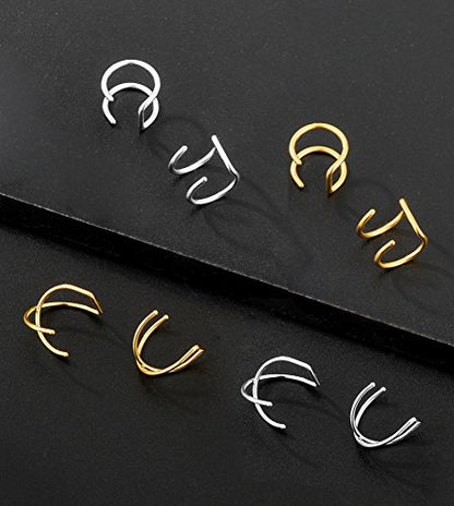 4-10 Pairs Stainless Steel Ear Cuff Helix Cartilage Clip On Wrap Earrings Fake Nose Ring Non-Piercing Adjustable - color: B2:4 Pairs, Silver&Gold Tone