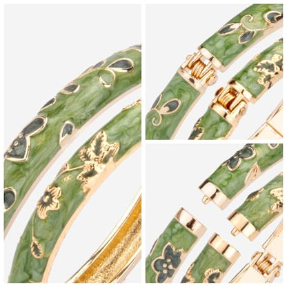 UJOY Womens Multi-Colors Cloisonne Bracelet Plated Flower Hollowed Enameled Hinged Cuff Bangles Jewelry Gift 88A10 - color: Green-3 Pcs-A10