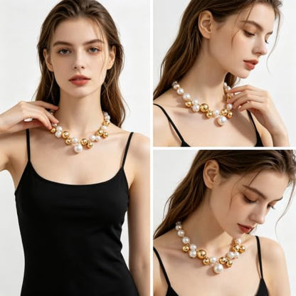 Layered Pearl Choker Necklace for Women, Chunky Large Faux Pearl Beaded Statement Jewelry with Adjustable Chain, Wedding Prom Gift for Her