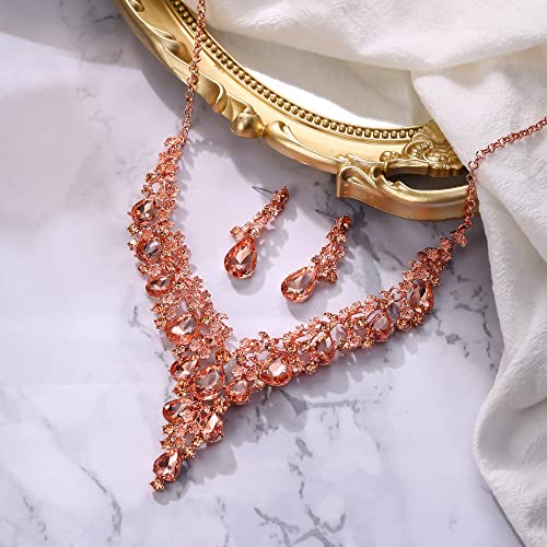 Wedding Bridal Necklace Earrings Jewelry Set for Women | Gorgeous Austrian Crystal Teardrop Flower Cluster for Bridal Bride Bridesmaid - color: 2Pcs-Peach Rose-Gold-Tone