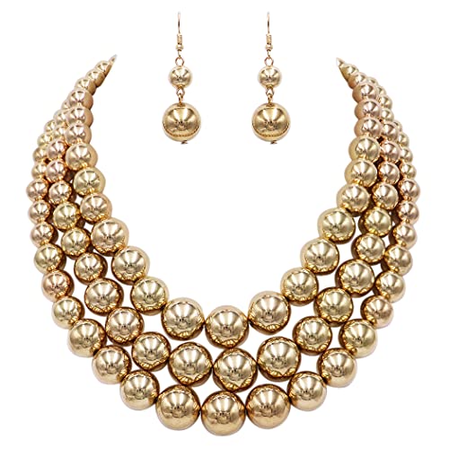 Rosemarie & Jubalee Women's 3 Colorful Multi Strands Simulated Pearl Necklace And Earrings Jewelry Gift Set, 18"+3" Extender - color: Polished Metallic Gold