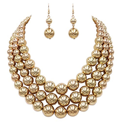 Rosemarie & Jubalee Women's 3 Colorful Multi Strands Simulated Pearl Necklace And Earrings Jewelry Gift Set, 18"+3" Extender - color: Polished Metallic Gold