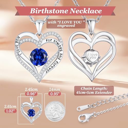 CDE Engraved Forever Love Heart Birthstone Necklace Jewelry Gifts for Women | Hypoallergenic,Nickel-Free & Lead-Free,3 x 3 mm 5A CZ Heart Pendant,Anniversary Christmas Birthday Gift for Girlfriend Wife - color: 09-Sept-WG, style: White Gold Plated