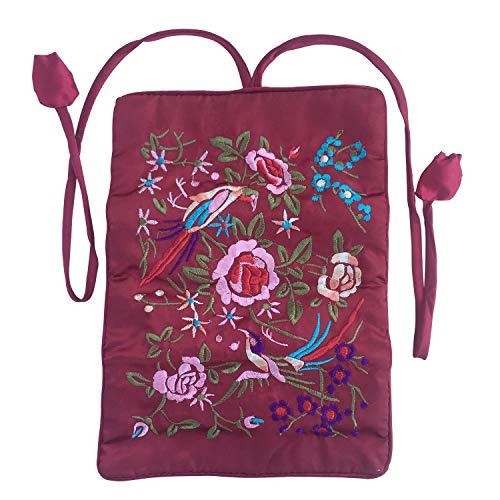 Travel Jewelry Roll Bag - Embroidered Brocade Pouch for Rings, Necklaces, Earrings, Bracelets | Lightweight & Tie Closure (Wine Red) - color: Wine Red