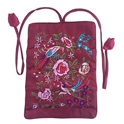 Travel Jewelry Roll Bag - Embroidered Brocade Pouch for Rings, Necklaces, Earrings, Bracelets | Lightweight & Tie Closure (Wine Red) - color: Wine Red