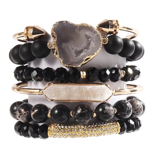 Yomisa 5PCS 6PCS Natural Boho Beaded Bracelets/Bangle for Women Men,Healing Turquoise Jasper Agate Crystal Gemstone Stone Chakra Multilayer Wrap Bohemian Handmade Jewelry Beads Stretch Bracelet Set - color: 6PCS-Black