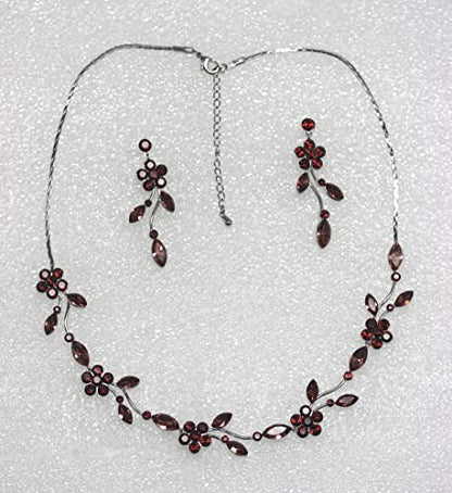 Faship Gorgeous Rhinestone Crystal Floral Necklace Earrings Set - color: Burgundy