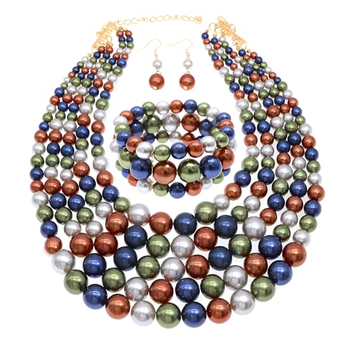 JNF Large Faux Pearl Necklaces for Women Multi strand Pearl Necklace Bracelet and Earrings Set 1920s Costume Pearls Necklace Jewelry Accessories - color: dark multi Color