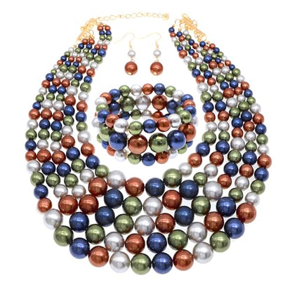 JNF Large Faux Pearl Necklaces for Women Multi strand Pearl Necklace Bracelet and Earrings Set 1920s Costume Pearls Necklace Jewelry Accessories - color: dark multi Color