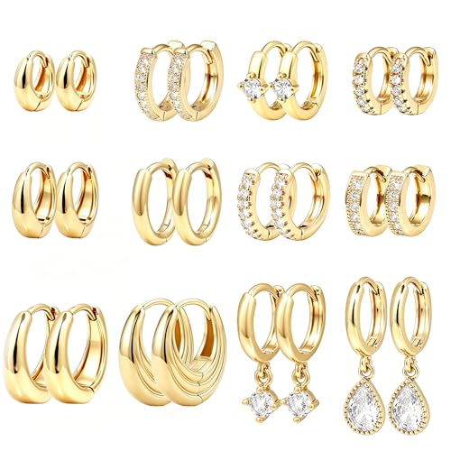 Wgoud 12 Pairs Small 14K Gold Plated Chunky Hoop Earrings for Women Hypoallergenic Lightweight Gold/Silver Hoop Earring Set for Sensitive Ears Trendy Cartilage Huggie Hoops Stacks for Multiple Piercing Jewelry - color: Gold-12 pairs