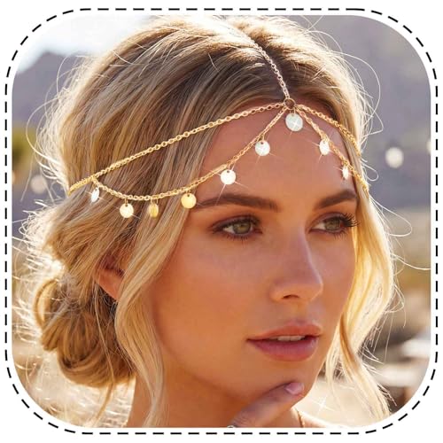 Yokawe Gold Sequins Head Chain Jewelry Bohemian Layered Festival Costume Headpieces Hair Accessories for Women