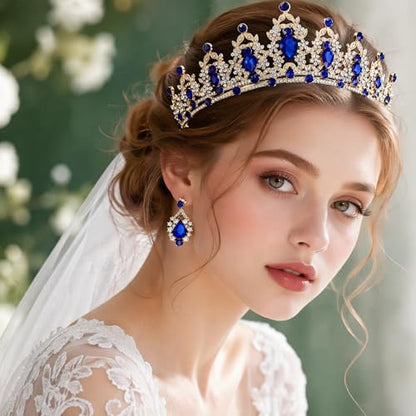 Tiaras and Crowns for Women,Tiaras Earrings Necklace, Crystal Bridal Jewelry Set - color: Blue