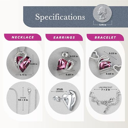 Leafael Necklace Gift Set for Women, Infinity Love Birthstone Heart Pendant with Matching Earrings and Bracelet, for Mom and Wife, Silver Plated - color: 02a-Set-February-Amethyst Pink