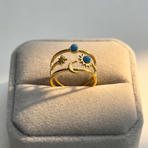Todenb Turquoise Ring for Women，Gold Western Turquoise Open Ring Boho Stainless Steel Moon and Star Band Wrap Knuckle Rings Western Country Fashion Jewelry Accessories - color: two circle