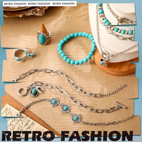 Ecally Bohemian Western Jewelry Turquoise Set Women Country Pendant Long Choker Layered Bracelets Earrings Ring for Women - color: Turquoise, style: Novel