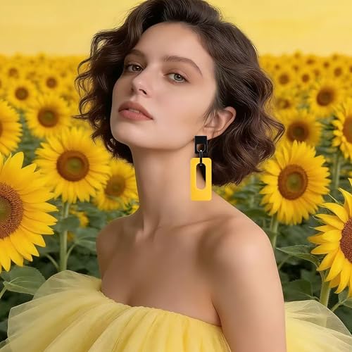 Boho Lightweight Retro Simple Acrylic Splicing Rectangle Earrings for Women Creative Exaggerated Statement Dangle Drop Earrings Jewelry - color: Black Yellow