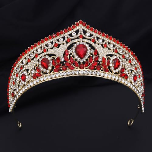 Princess Tiara Crown and Jewelry Sets for Women Wedding Rhinestone Crystal Tiaras and Crowns with Necklace Earrings Party Birthday Accessories - color: Gold Red