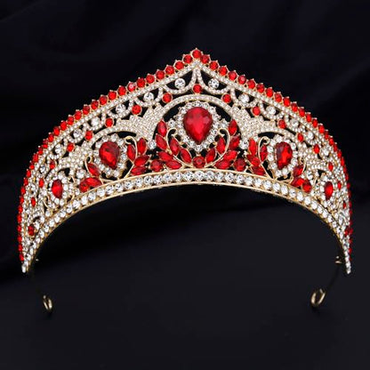 Princess Tiara Crown and Jewelry Sets for Women Wedding Rhinestone Crystal Tiaras and Crowns with Necklace Earrings Party Birthday Accessories - color: Gold Red