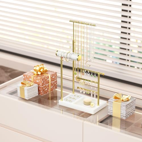 SZQINJI 5 Tier Jewelry Holder Organizer, Gold Necklace Stand Display, White | Velvet Bracelet Holder, Adjustable Height Jewelry Display for Necklaces, Bracelets, Earrings, Rings, Gift Idea for Women - color: White