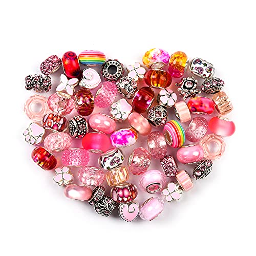 Aipridy European Large Hole Beads, Colorful Glass Charm Beads Set, Assorted Patterns and Designs Rhinestone Craft Beads for DIY Bracelet Jewelry Making (60, Rose red Resin+Alloy) - color: Rose red Resin+Alloy